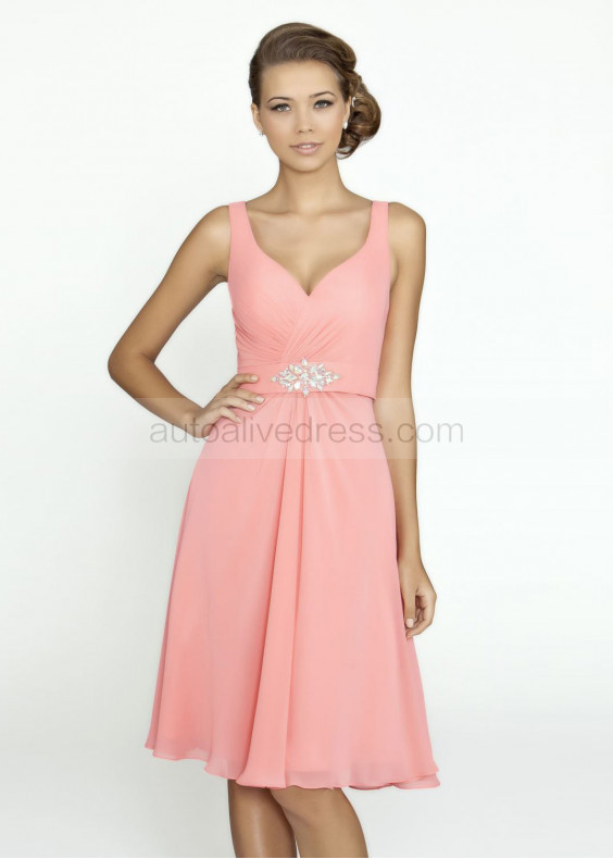 Slim V Neck Thin Straps Pink Chiffon Knee Length Bridesmaid Dress With Beaded Sash